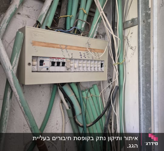 לוח חשמל עם חוטים ירוקים וקירות חשופים